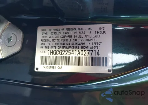 2001 Honda Accord 3.0 Ex from USA, damaged, VIN 1HGCG22541A027714